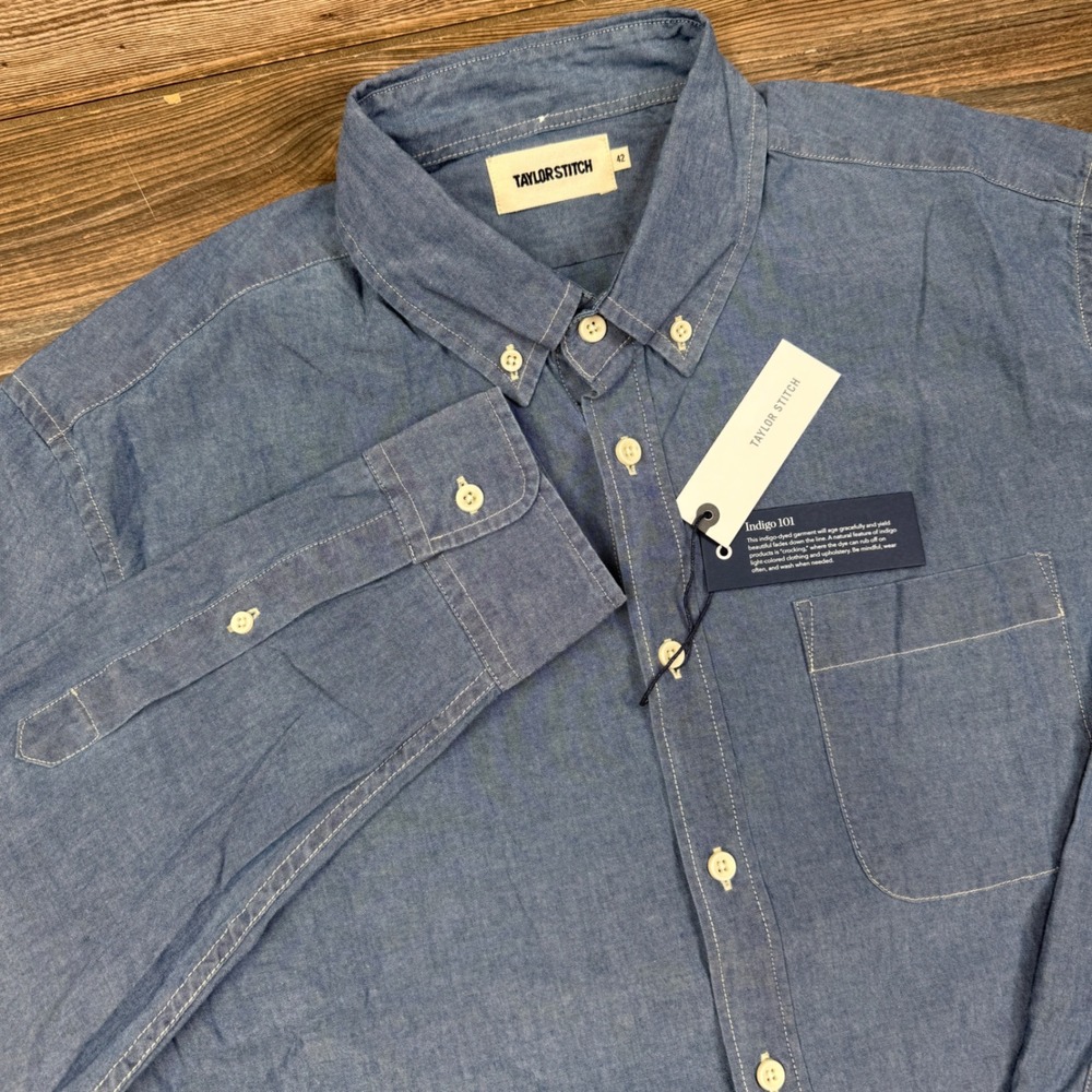 Taylor Stitch Mens 42 The Jack Shirt Washed Indigo Chambray Organic Cotton New